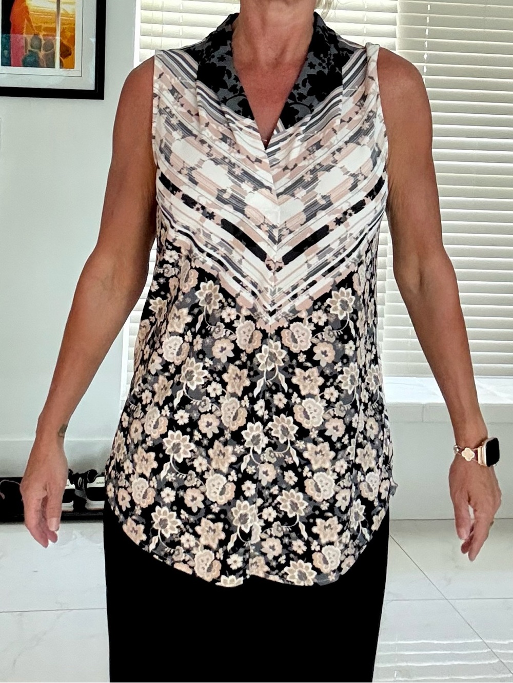 Calvin Klein Avery Floral Stripe V-Neck Sleeveless Top in Black and Cream